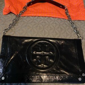 Original Tory Burch Black Leather Clutch Bag with silver chain